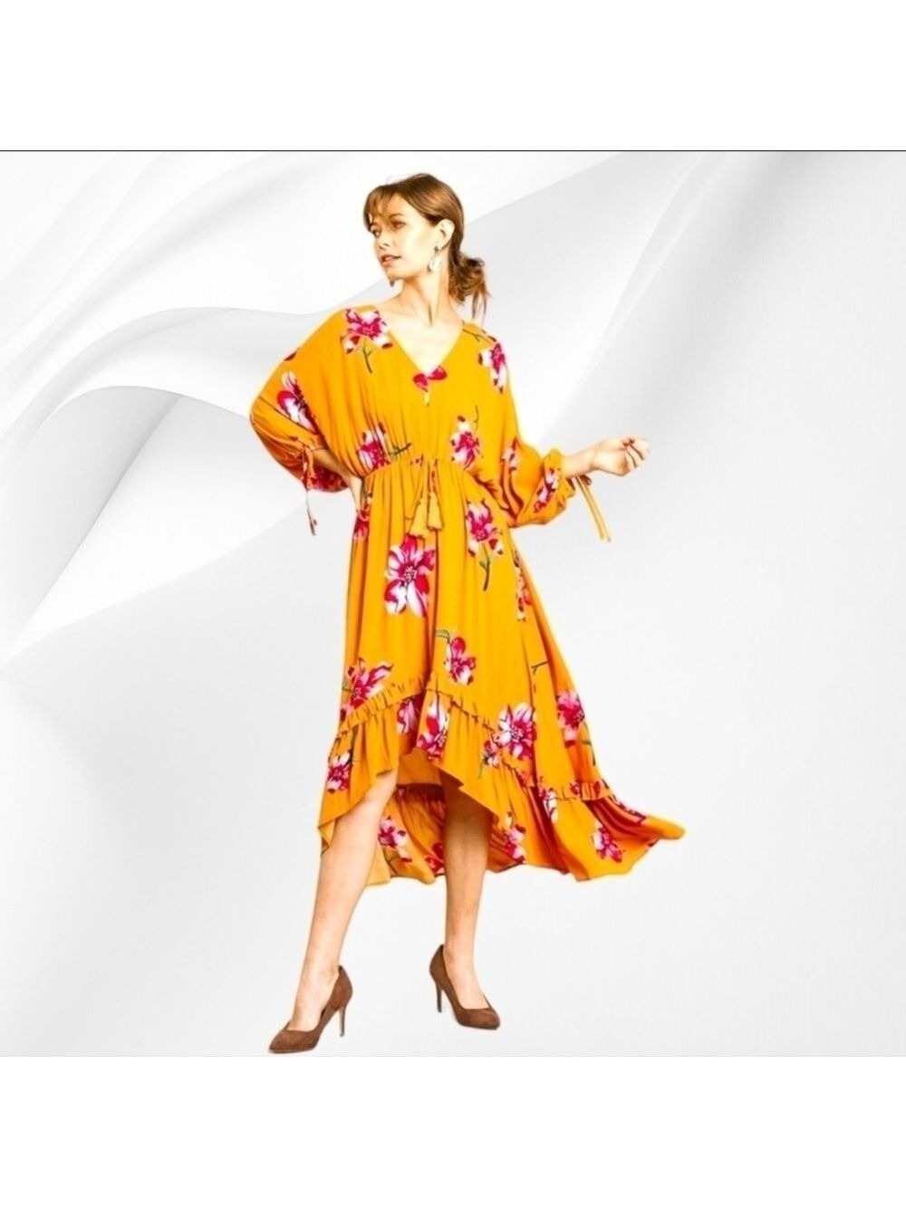 UMGEE Mustard Bohemian Ruffle Bottom Hi-Low Maxi Dress | Floral Boho Midi Dress - Picture 8 of 10